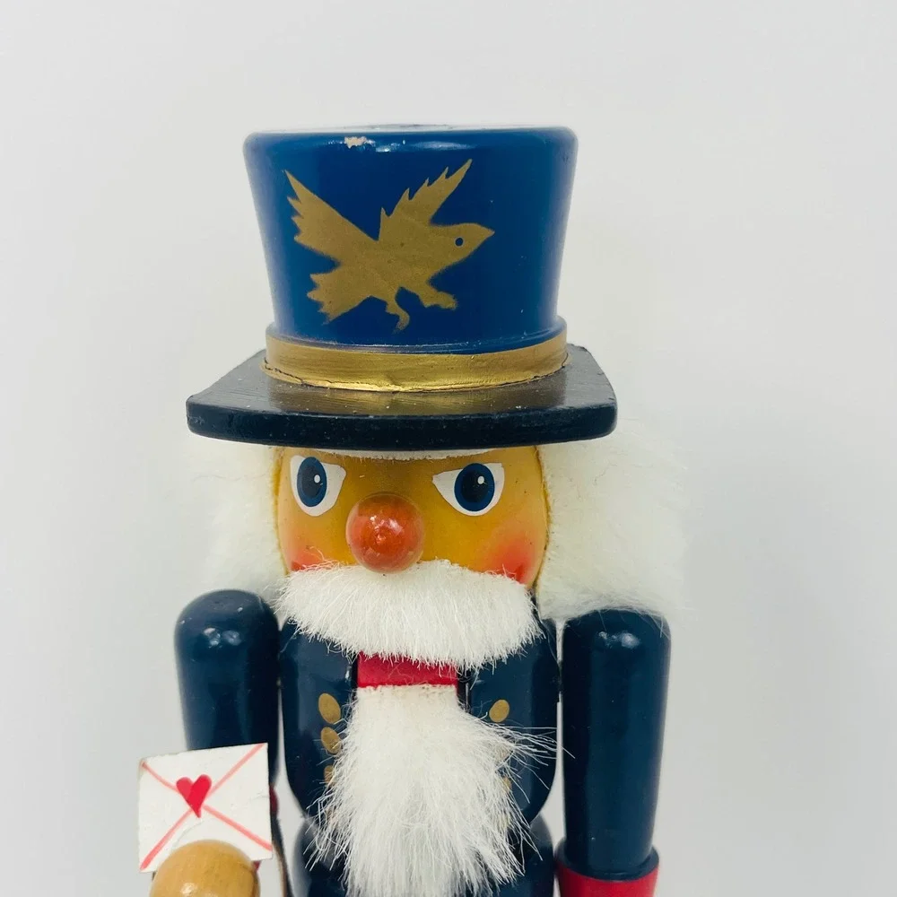 Vintage Wooden Mailman Nutcracker Postman with Letter and Mail Bag 10 Inch Blue